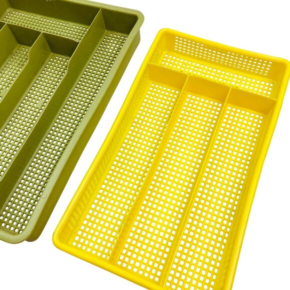 Vtg Green & Yellow Divided Plastic Mesh Silverware Drawer Organizer Tray MCM 70s - Picture 3 of 9
